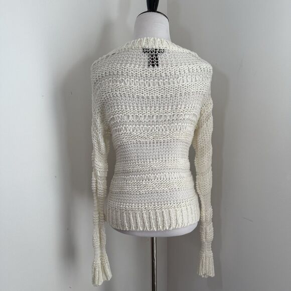 J J Basics Y2K Sweater Top S Ivory Crochet Stretchy Mesh Knit Crewneck Pullover - Picture 5 of 10